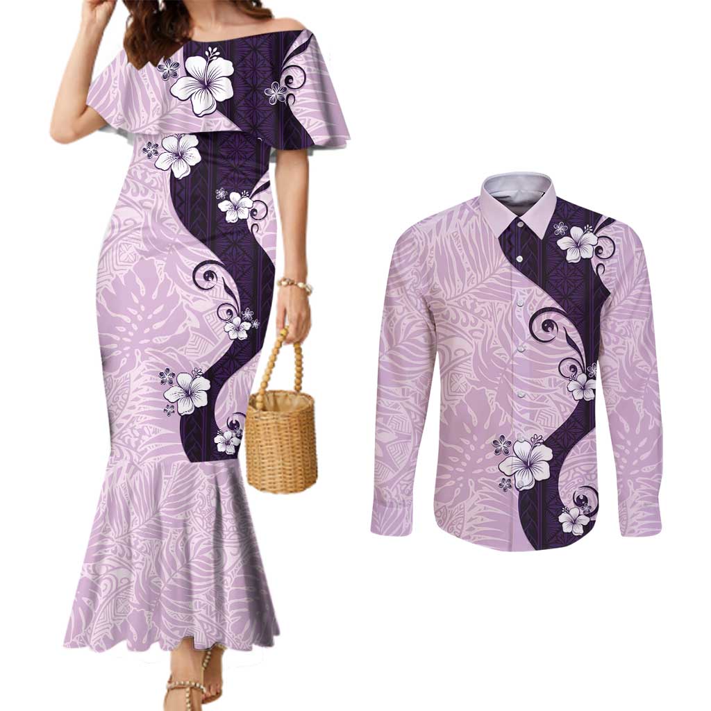 Polynesia Hibiscus Couples Matching Mermaid Dress and Long Sleeve Button Shirt Thistle Curve Motif LT05 Purple - Polynesian Pride