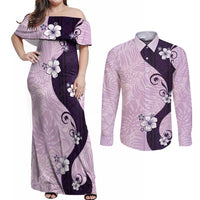 Polynesia Hibiscus Couples Matching Off Shoulder Maxi Dress and Long Sleeve Button Shirt Thistle Curve Motif LT05 Purple - Polynesian Pride