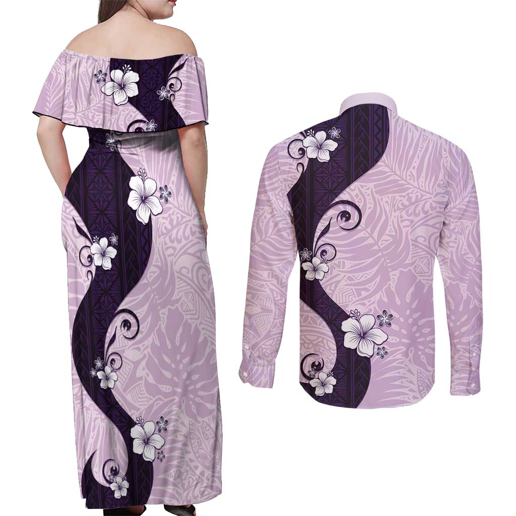Polynesia Hibiscus Couples Matching Off Shoulder Maxi Dress and Long Sleeve Button Shirt Thistle Curve Motif LT05 - Polynesian Pride