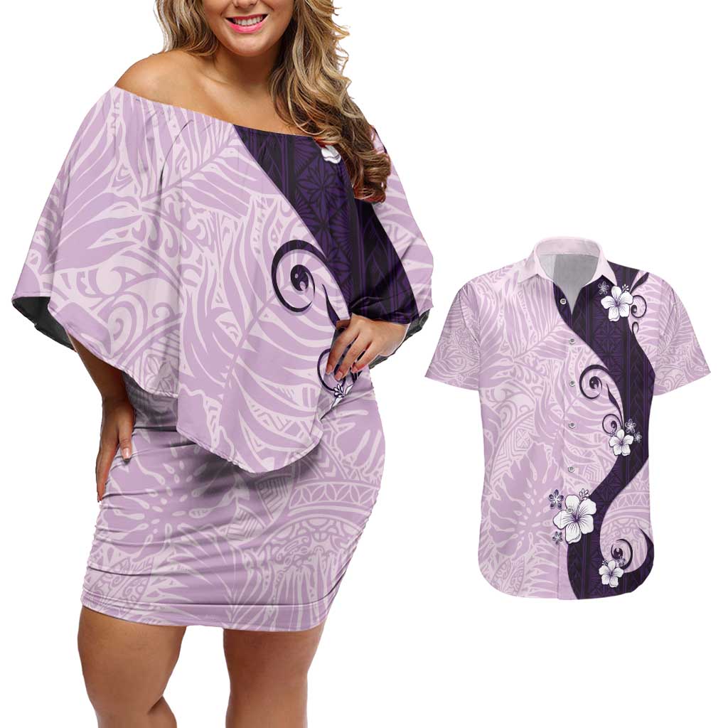 Polynesia Hibiscus Couples Matching Off Shoulder Short Dress and Hawaiian Shirt Thistle Curve Motif - Polynesian Pride