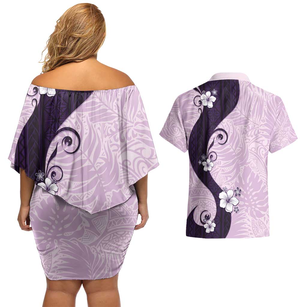 Polynesia Hibiscus Couples Matching Off Shoulder Short Dress and Hawaiian Shirt Thistle Curve Motif - Polynesian Pride