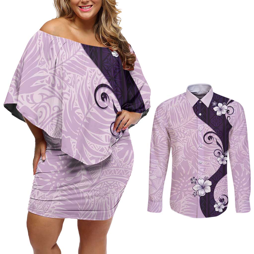 Polynesia Hibiscus Couples Matching Off Shoulder Short Dress and Long Sleeve Button Shirt Thistle Curve Motif LT05 Purple - Polynesian Pride