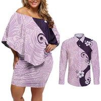 Polynesia Hibiscus Couples Matching Off Shoulder Short Dress and Long Sleeve Button Shirt Thistle Curve Motif LT05 Purple - Polynesian Pride