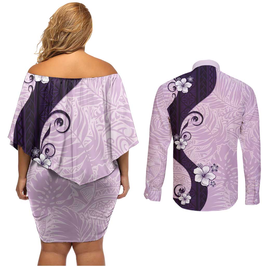 Polynesia Hibiscus Couples Matching Off Shoulder Short Dress and Long Sleeve Button Shirt Thistle Curve Motif LT05 - Polynesian Pride