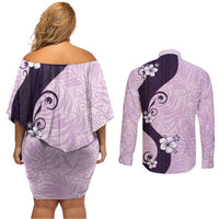 Polynesia Hibiscus Couples Matching Off Shoulder Short Dress and Long Sleeve Button Shirt Thistle Curve Motif LT05 - Polynesian Pride