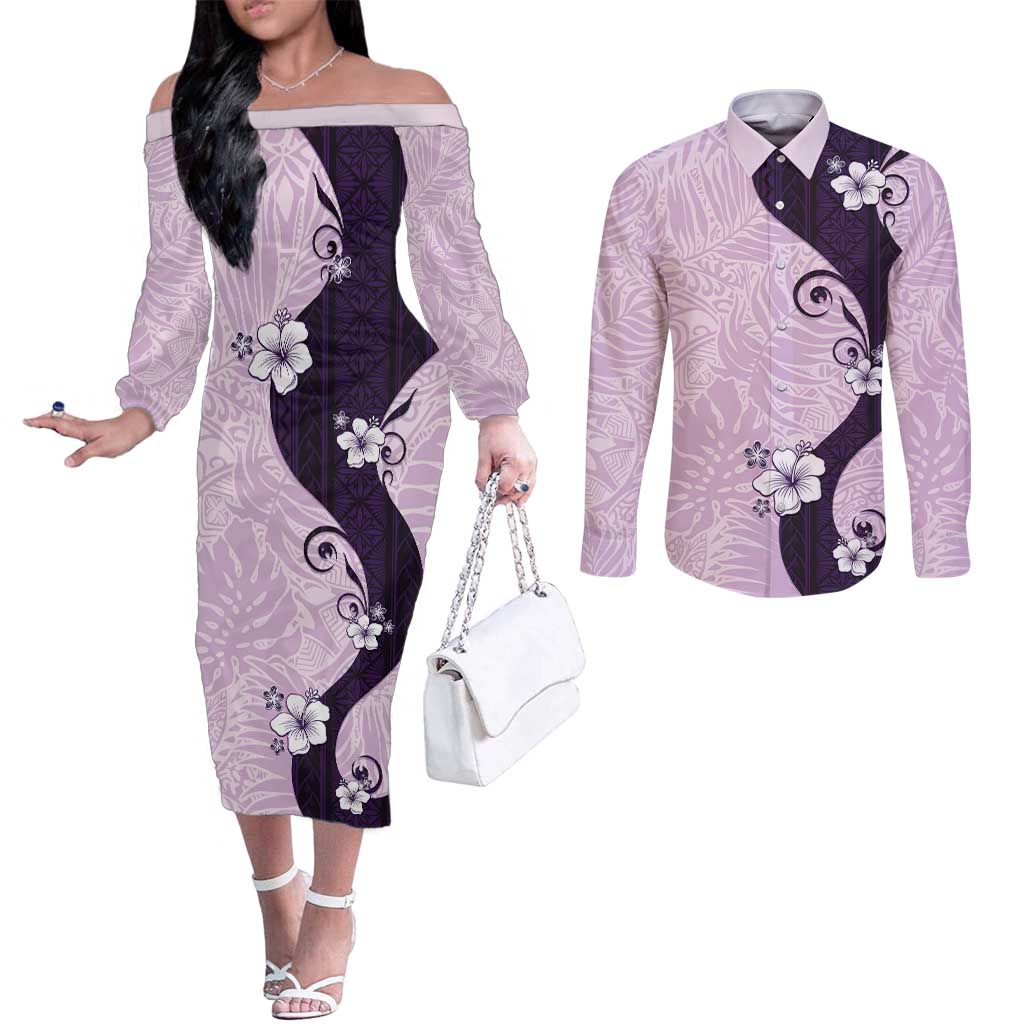 Polynesia Hibiscus Couples Matching Off The Shoulder Long Sleeve Dress and Long Sleeve Button Shirt Thistle Curve Motif LT05 Purple - Polynesian Pride