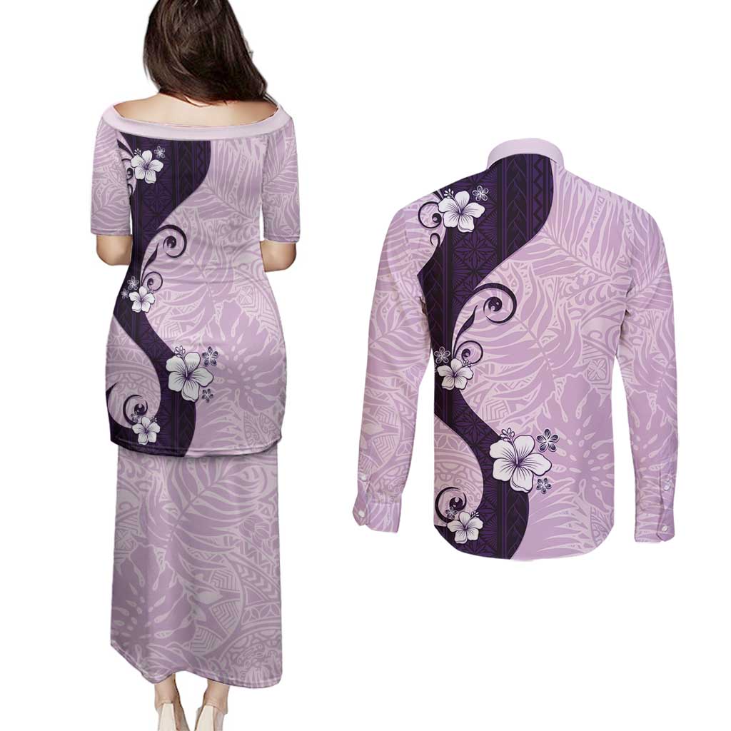 Polynesia Hibiscus Couples Matching Puletasi and Long Sleeve Button Shirt Thistle Curve Motif LT05 - Polynesian Pride