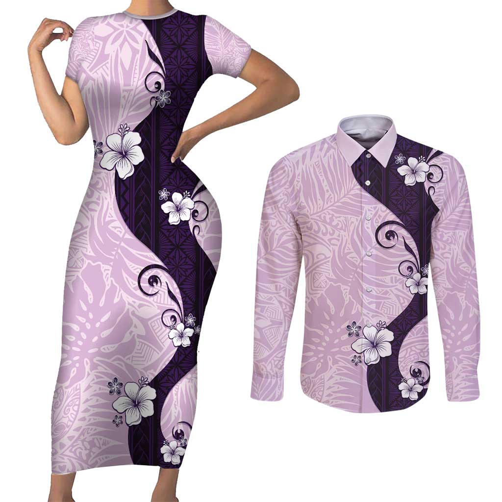 Polynesia Hibiscus Couples Matching Short Sleeve Bodycon Dress and Long Sleeve Button Shirt Thistle Curve Motif - Polynesian Pride