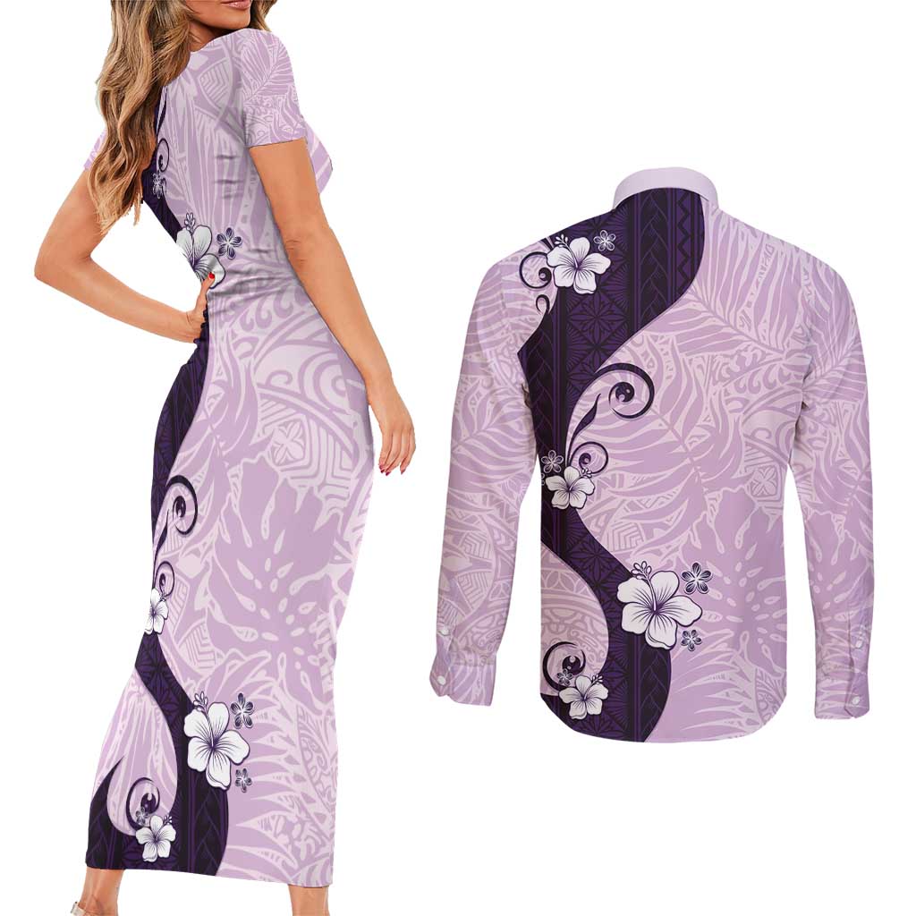 Polynesia Hibiscus Couples Matching Short Sleeve Bodycon Dress and Long Sleeve Button Shirt Thistle Curve Motif - Polynesian Pride