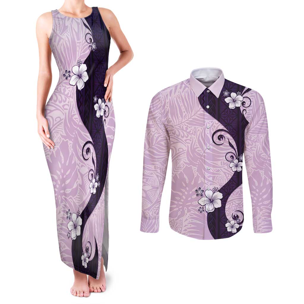 Polynesia Hibiscus Couples Matching Tank Maxi Dress and Long Sleeve Button Shirt Thistle Curve Motif LT05 Purple - Polynesian Pride