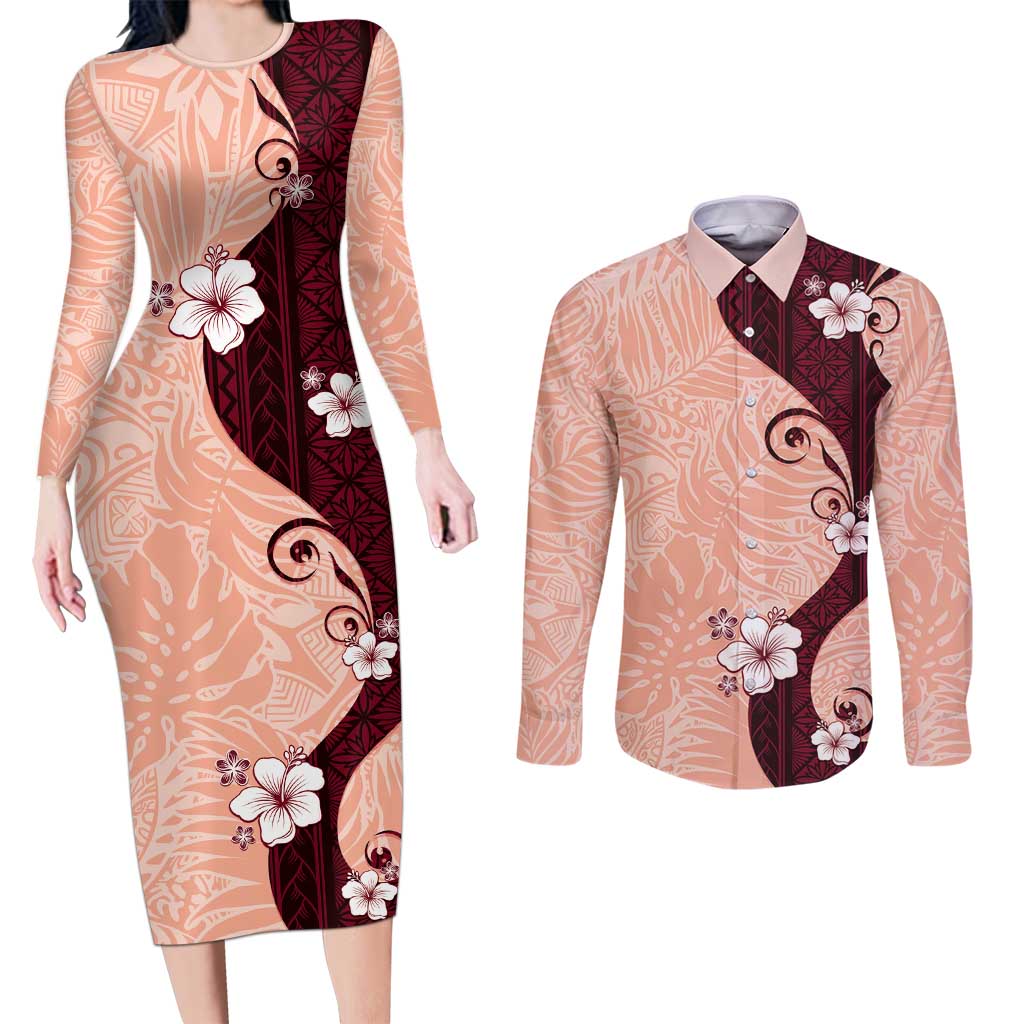 Polynesia Hibiscus Couples Matching Long Sleeve Bodycon Dress and Long Sleeve Button Shirt Rose Bud Curve Motif LT05 Red - Polynesian Pride