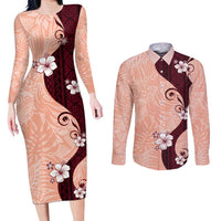 Polynesia Hibiscus Couples Matching Long Sleeve Bodycon Dress and Long Sleeve Button Shirt Rose Bud Curve Motif LT05 Red - Polynesian Pride