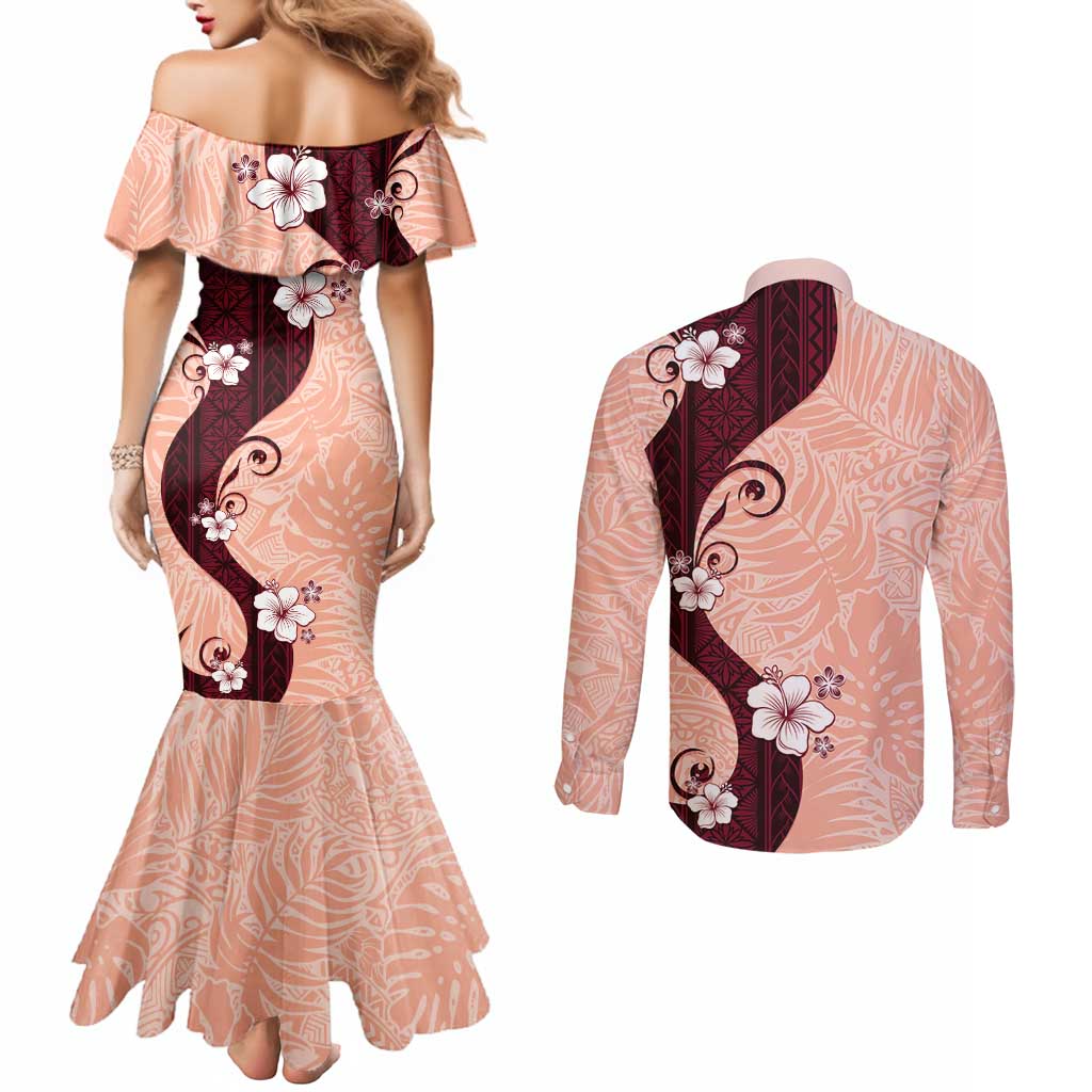 Polynesia Hibiscus Couples Matching Mermaid Dress and Long Sleeve Button Shirt Rose Bud Curve Motif LT05 - Polynesian Pride