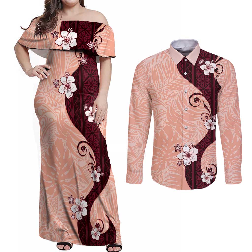 Polynesia Hibiscus Couples Matching Off Shoulder Maxi Dress and Long Sleeve Button Shirt Rose Bud Curve Motif LT05 Red - Polynesian Pride