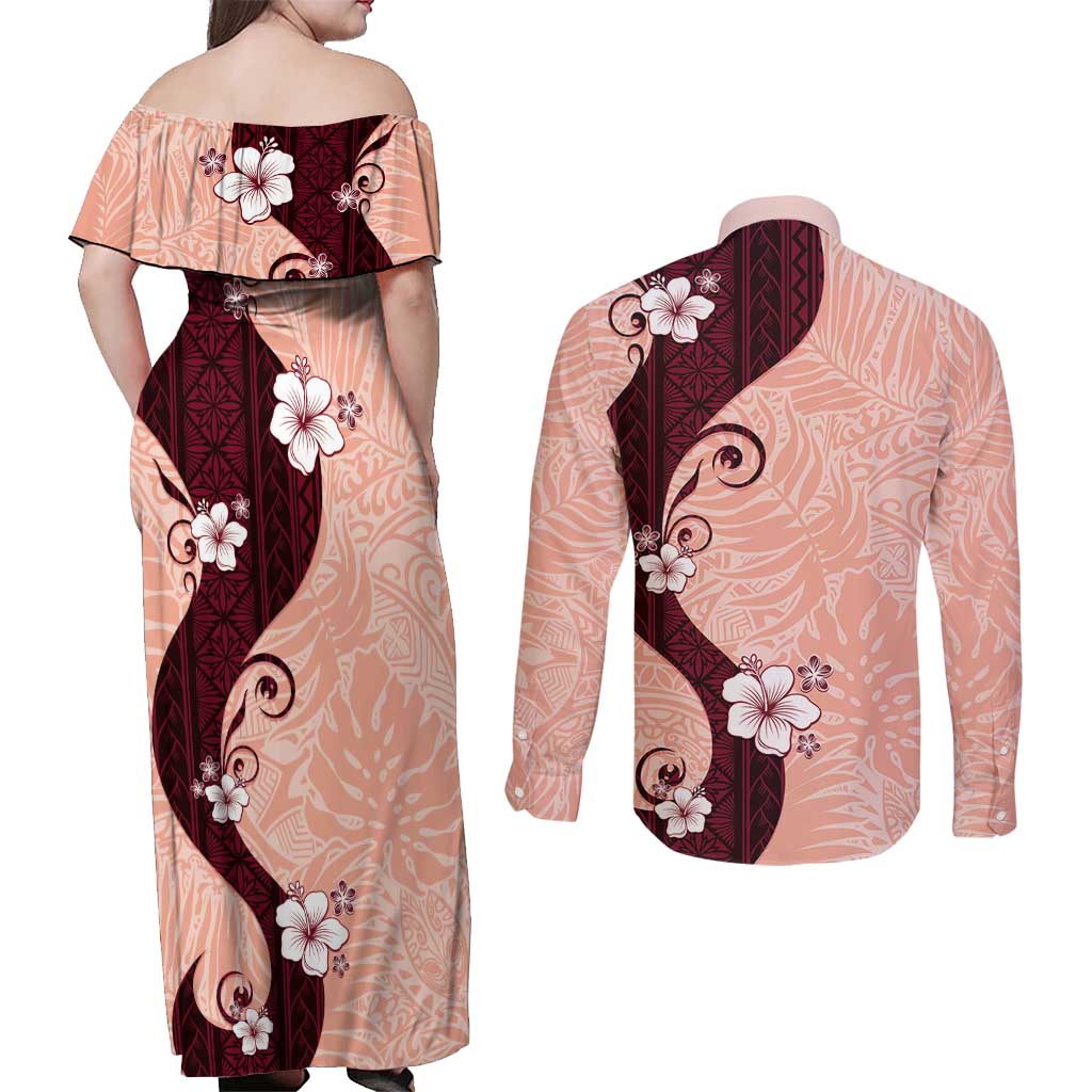 Polynesia Hibiscus Couples Matching Off Shoulder Maxi Dress and Long Sleeve Button Shirt Rose Bud Curve Motif LT05 - Polynesian Pride