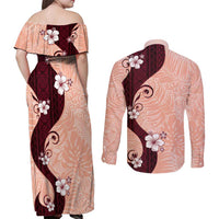 Polynesia Hibiscus Couples Matching Off Shoulder Maxi Dress and Long Sleeve Button Shirt Rose Bud Curve Motif LT05 - Polynesian Pride