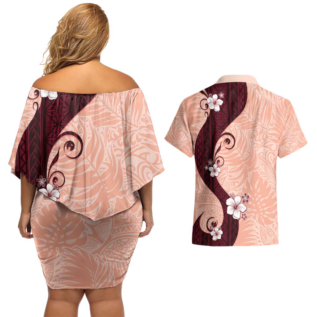 Polynesia Hibiscus Couples Matching Off Shoulder Short Dress and Hawaiian Shirt Rose Bud Curve Motif - Polynesian Pride