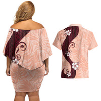 Polynesia Hibiscus Couples Matching Off Shoulder Short Dress and Hawaiian Shirt Rose Bud Curve Motif - Polynesian Pride