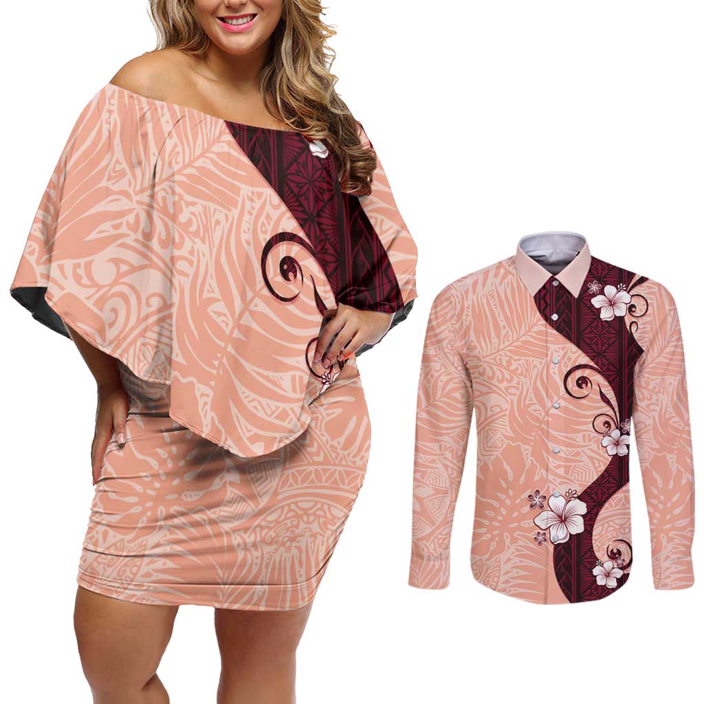 Polynesia Hibiscus Couples Matching Off Shoulder Short Dress and Long Sleeve Button Shirt Rose Bud Curve Motif LT05 Red - Polynesian Pride