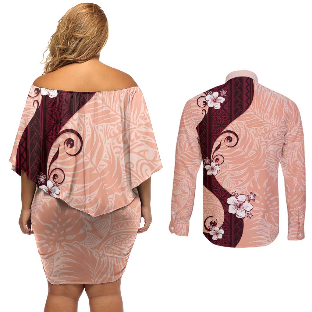 Polynesia Hibiscus Couples Matching Off Shoulder Short Dress and Long Sleeve Button Shirt Rose Bud Curve Motif LT05 - Polynesian Pride