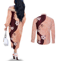Polynesia Hibiscus Couples Matching Off The Shoulder Long Sleeve Dress and Long Sleeve Button Shirt Rose Bud Curve Motif - Polynesian Pride