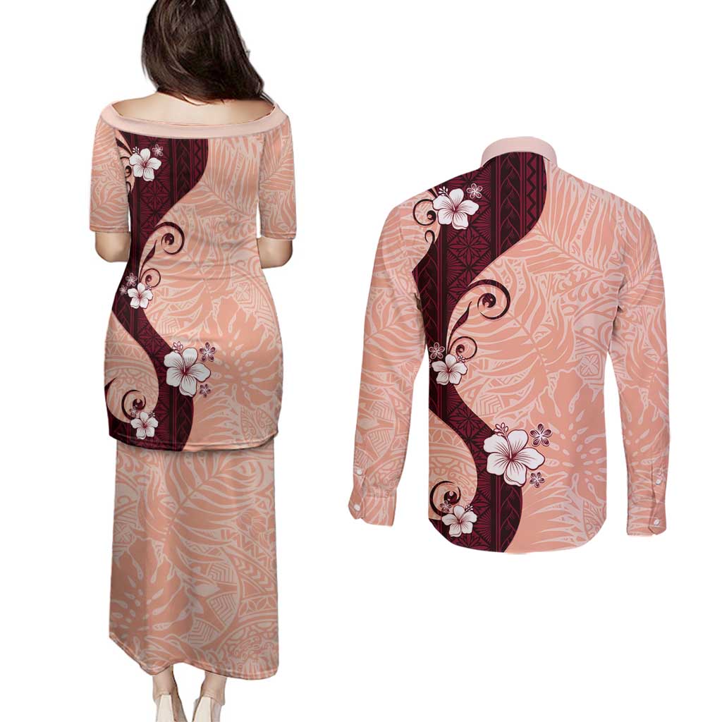 Polynesia Hibiscus Couples Matching Puletasi and Long Sleeve Button Shirt Rose Bud Curve Motif LT05 - Polynesian Pride