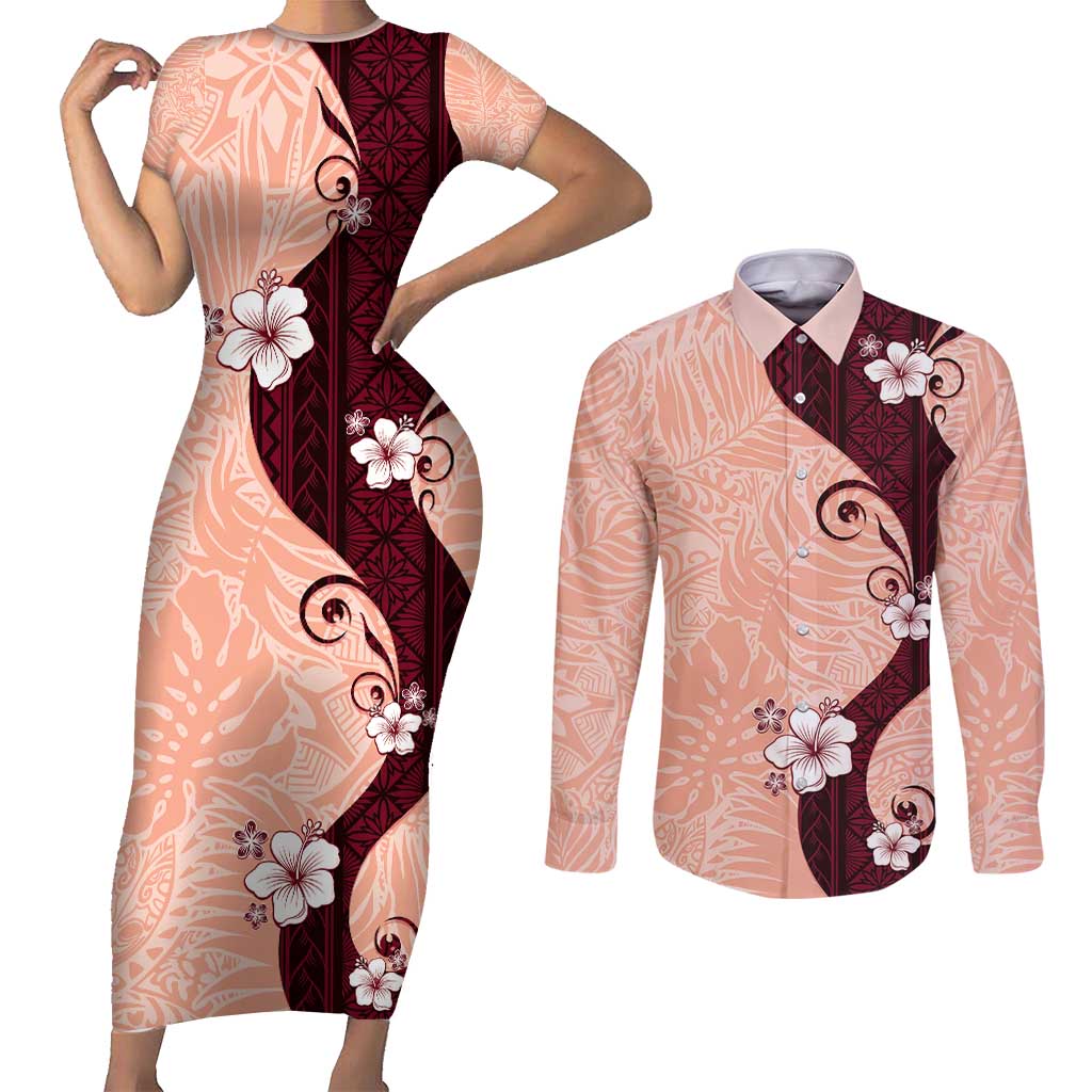 Polynesia Hibiscus Couples Matching Short Sleeve Bodycon Dress and Long Sleeve Button Shirt Rose Bud Curve Motif - Polynesian Pride
