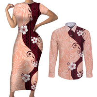 Polynesia Hibiscus Couples Matching Short Sleeve Bodycon Dress and Long Sleeve Button Shirt Rose Bud Curve Motif - Polynesian Pride