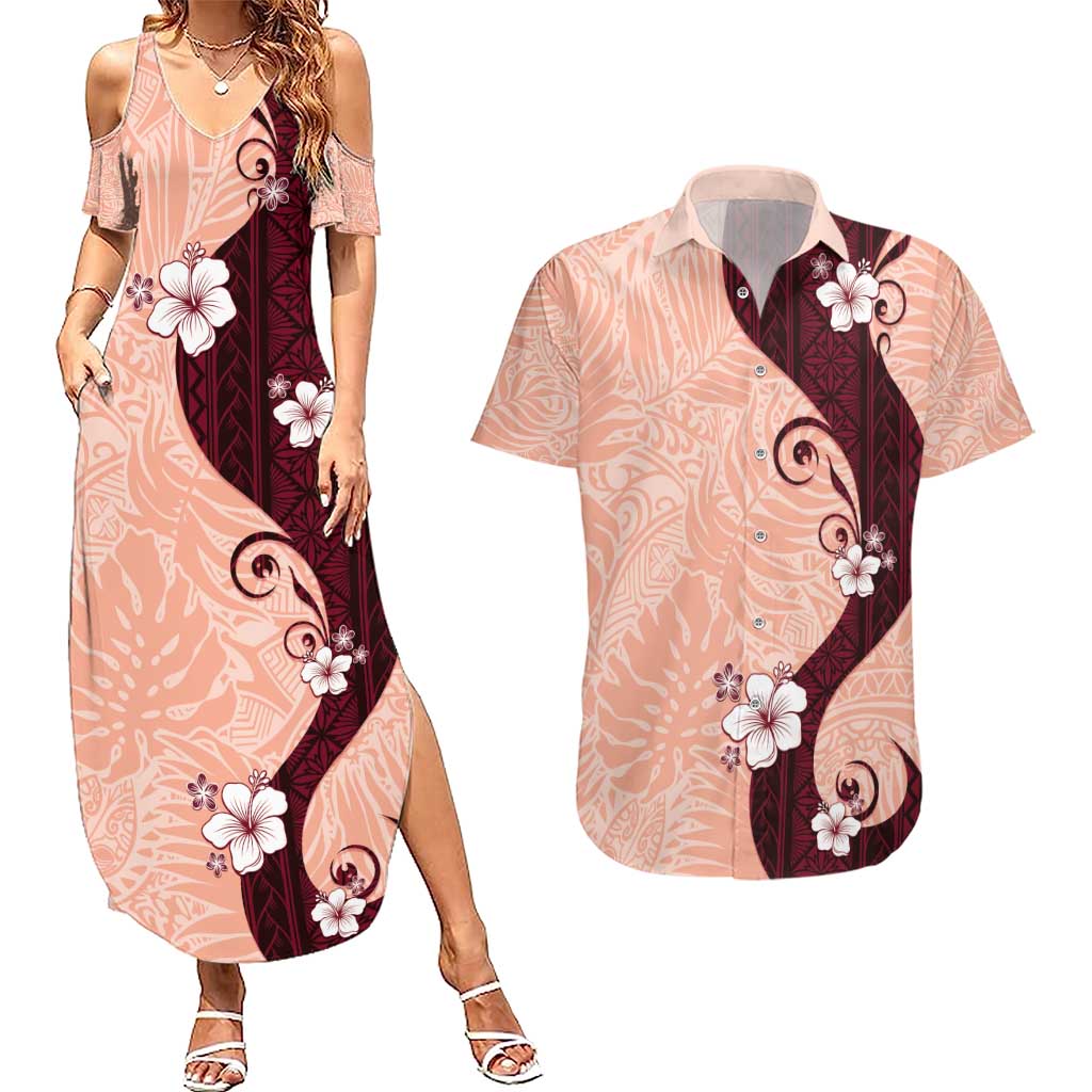 Polynesia Hibiscus Couples Matching Summer Maxi Dress and Hawaiian Shirt Rose Bud Curve Motif - Polynesian Pride