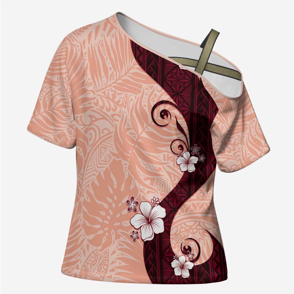 Polynesia Hibiscus Cross Shoulder Shirt Rose Bud Curve Motif LT05 Female Red - Polynesian Pride