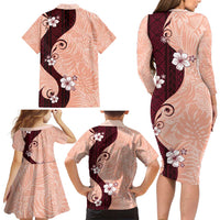 Polynesia Hibiscus Family Matching Long Sleeve Bodycon Dress and Hawaiian Shirt Rose Bud Curve Motif - Polynesian Pride