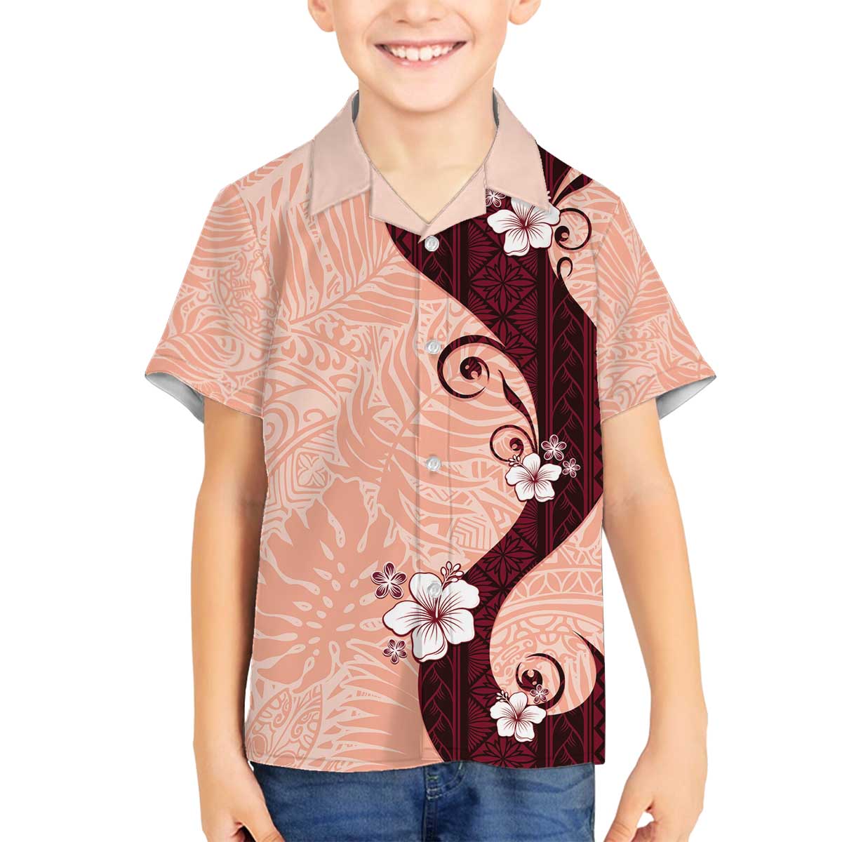 Polynesia Hibiscus Family Matching Off The Shoulder Long Sleeve Dress and Hawaiian Shirt Rose Bud Curve Motif - Polynesian Pride