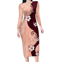 Polynesia Hibiscus Long Sleeve Bodycon Dress Rose Bud Curve Motif - Polynesian Pride