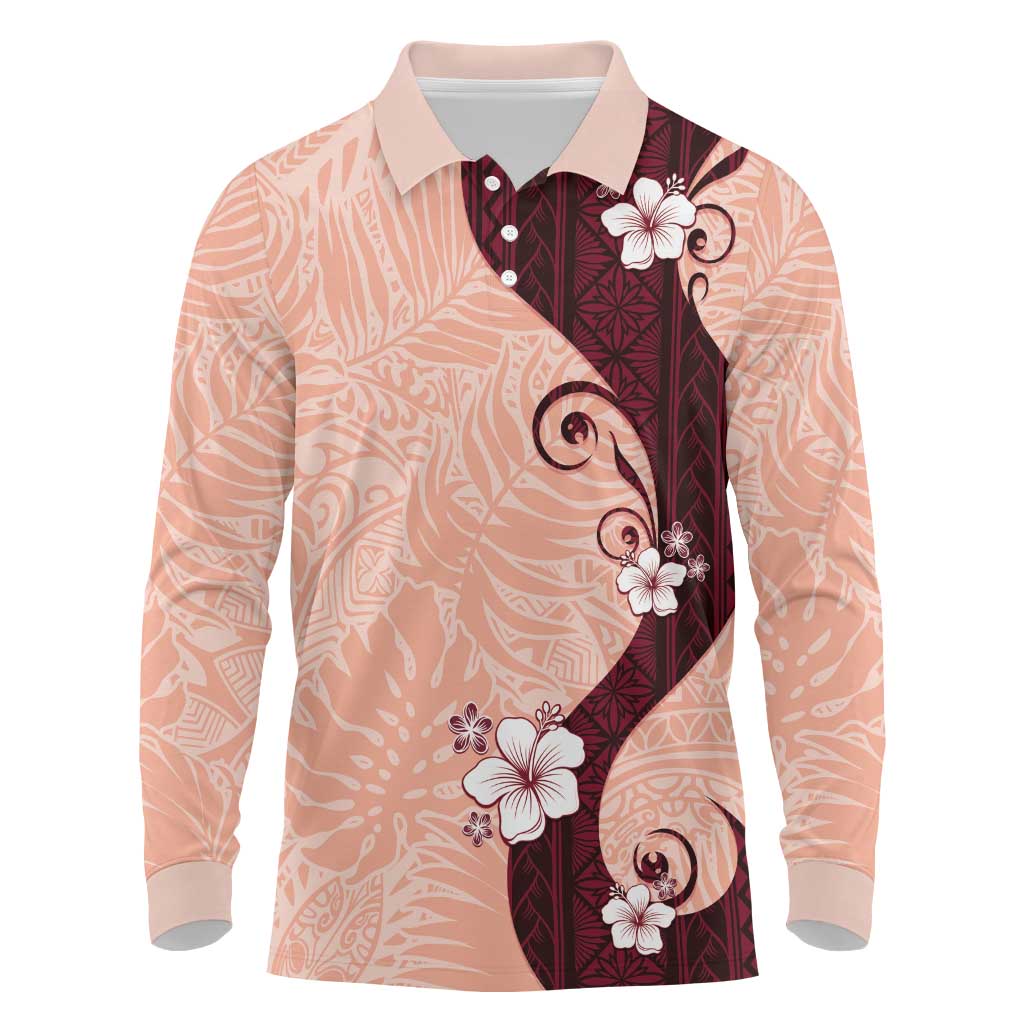 Polynesia Hibiscus Long Sleeve Polo Shirt Rose Bud Curve Motif LT05 Red - Polynesian Pride