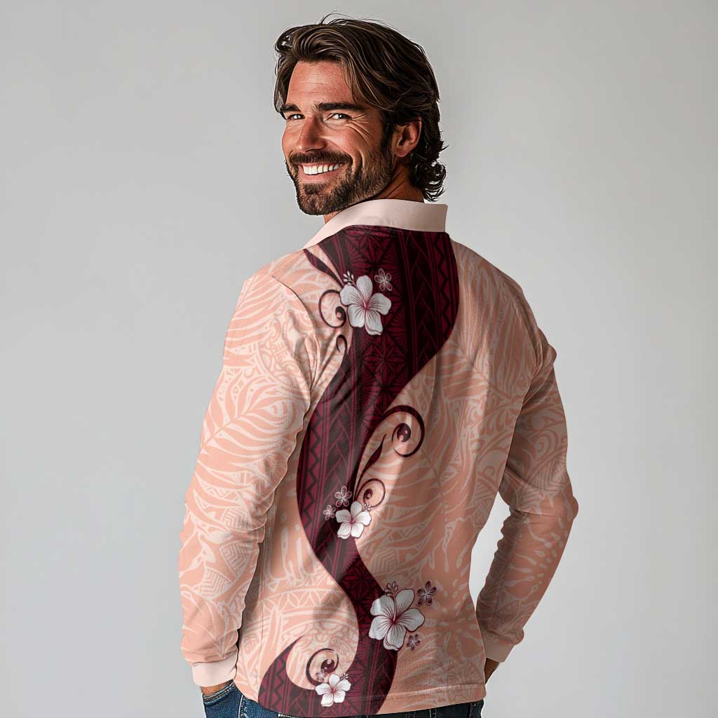 Polynesia Hibiscus Long Sleeve Polo Shirt Rose Bud Curve Motif LT05 - Polynesian Pride