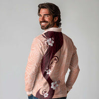 Polynesia Hibiscus Long Sleeve Polo Shirt Rose Bud Curve Motif LT05 - Polynesian Pride
