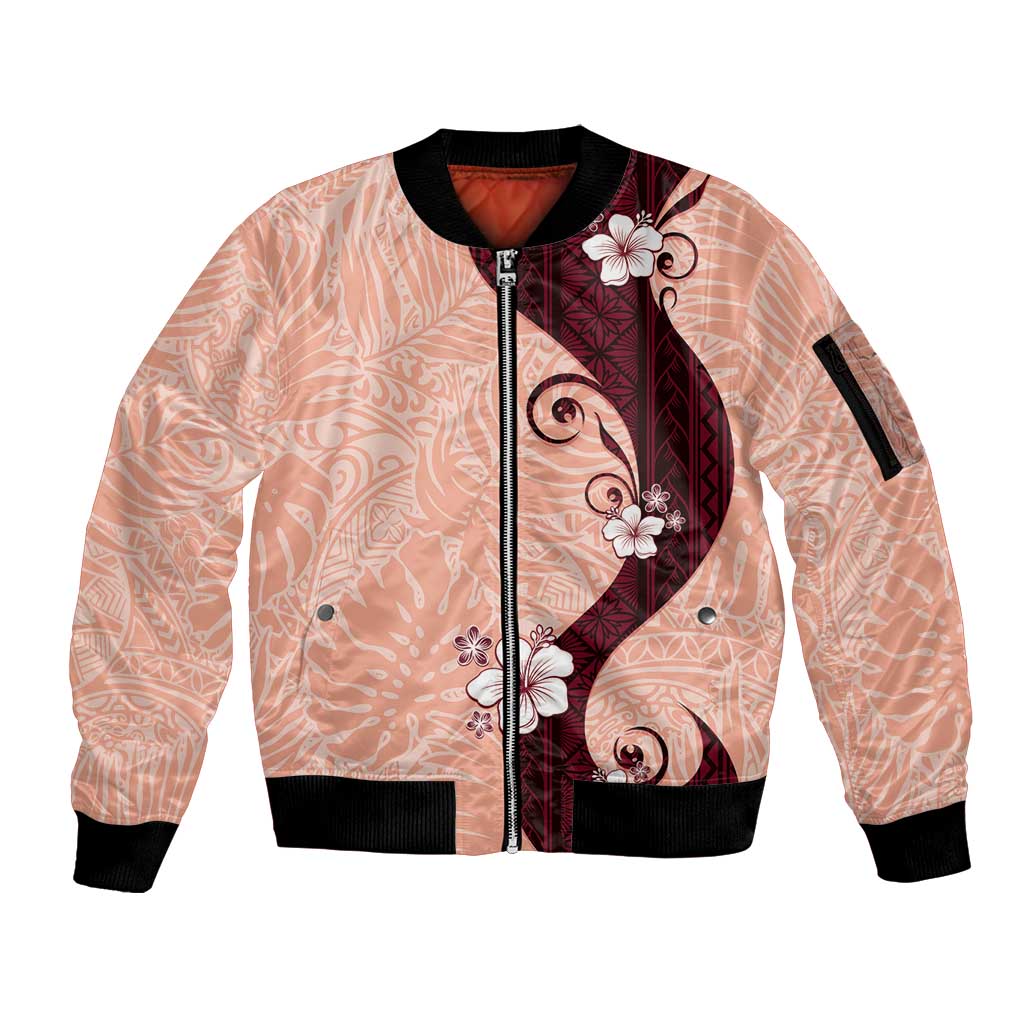 Polynesia Hibiscus Sleeve Zip Bomber Jacket Rose Bud Curve Motif - Polynesian Pride