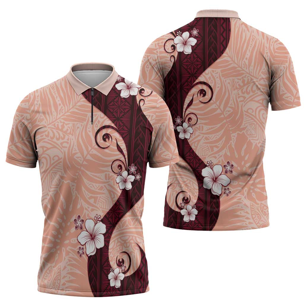Polynesia Hibiscus Zipper Polo Shirt Rose Bud Curve Motif LT05 - Polynesian Pride