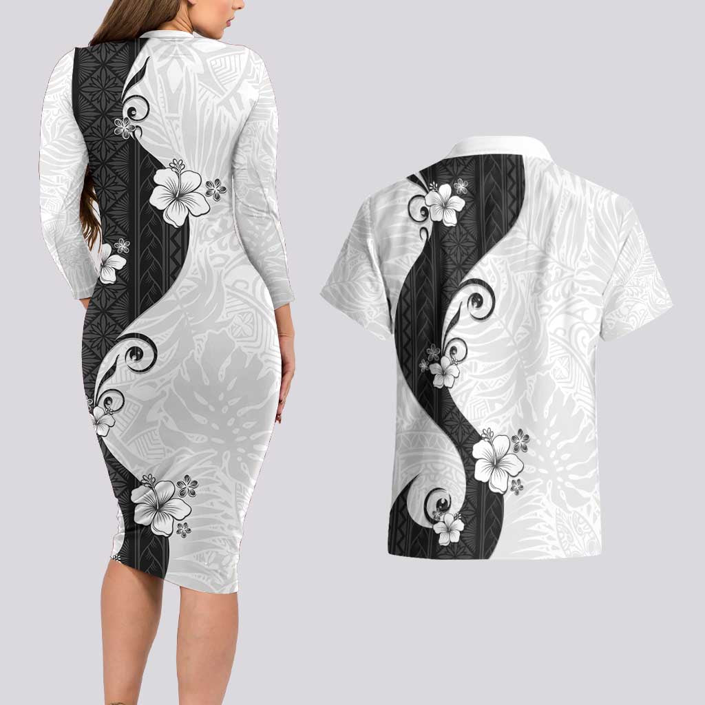 Polynesia Hibiscus Couples Matching Long Sleeve Bodycon Dress and Hawaiian Shirt White Curve Motif - Polynesian Pride