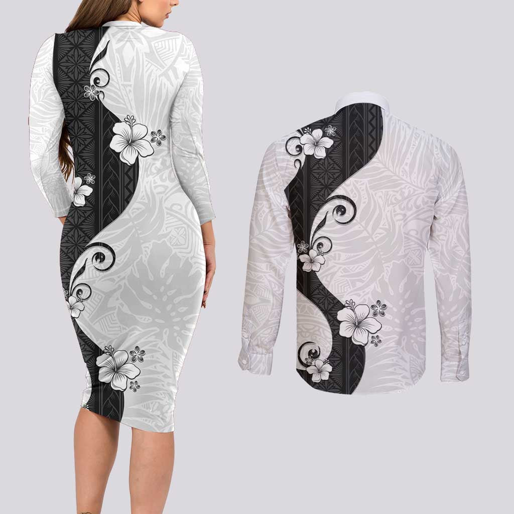 Polynesia Hibiscus Couples Matching Long Sleeve Bodycon Dress and Long Sleeve Button Shirt White Curve Motif LT05 - Polynesian Pride