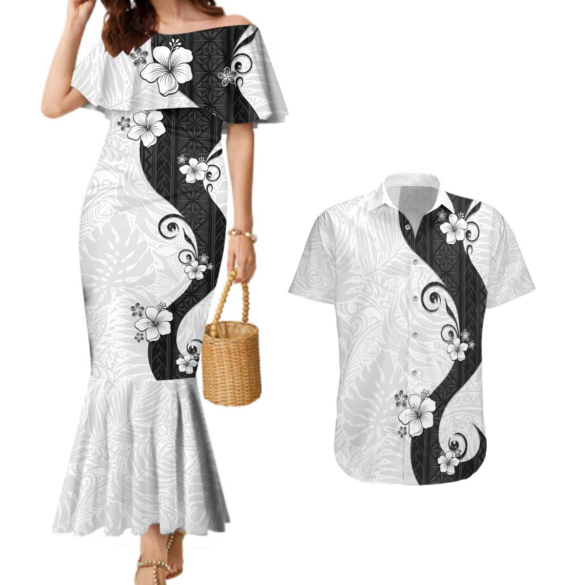 Polynesia Hibiscus Couples Matching Mermaid Dress and Hawaiian Shirt White Curve Motif - Polynesian Pride