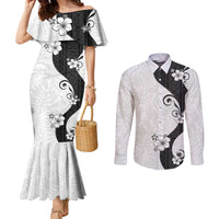 Polynesia Hibiscus Couples Matching Mermaid Dress and Long Sleeve Button Shirt White Curve Motif LT05 White - Polynesian Pride