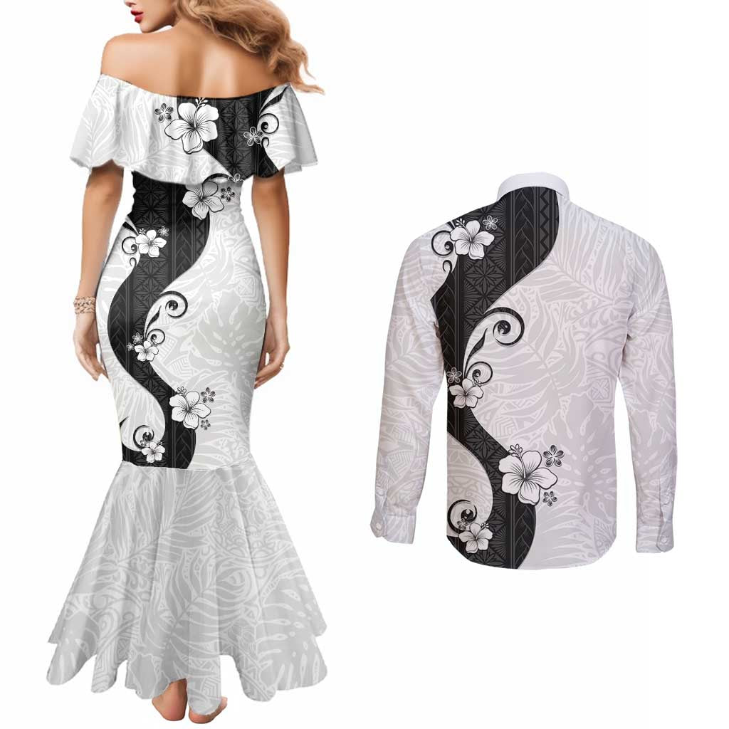 Polynesia Hibiscus Couples Matching Mermaid Dress and Long Sleeve Button Shirt White Curve Motif LT05 - Polynesian Pride