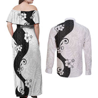 Polynesia Hibiscus Couples Matching Off Shoulder Maxi Dress and Long Sleeve Button Shirt White Curve Motif LT05 - Polynesian Pride
