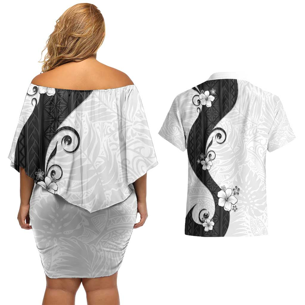 Polynesia Hibiscus Couples Matching Off Shoulder Short Dress and Hawaiian Shirt White Curve Motif - Polynesian Pride