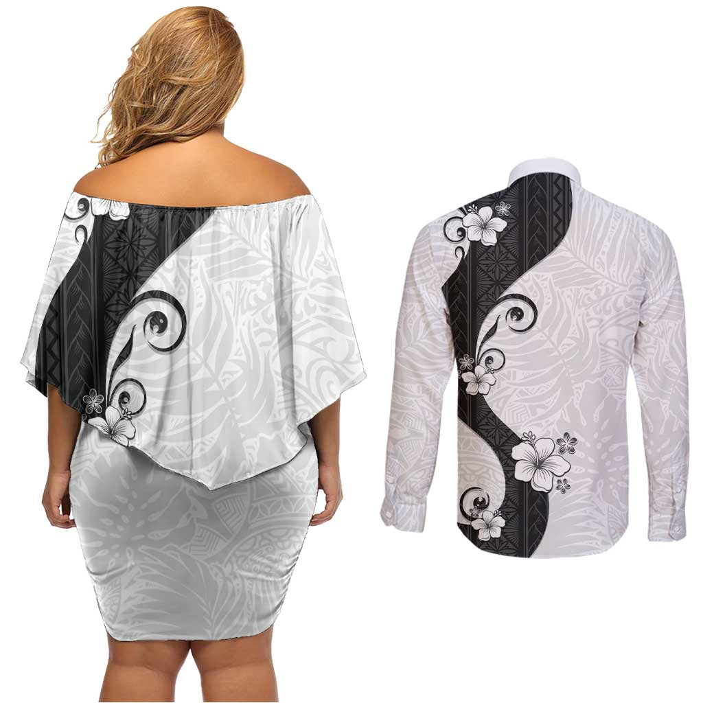 Polynesia Hibiscus Couples Matching Off Shoulder Short Dress and Long Sleeve Button Shirt White Curve Motif LT05 - Polynesian Pride