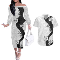 Polynesia Hibiscus Couples Matching Off The Shoulder Long Sleeve Dress and Hawaiian Shirt White Curve Motif - Polynesian Pride