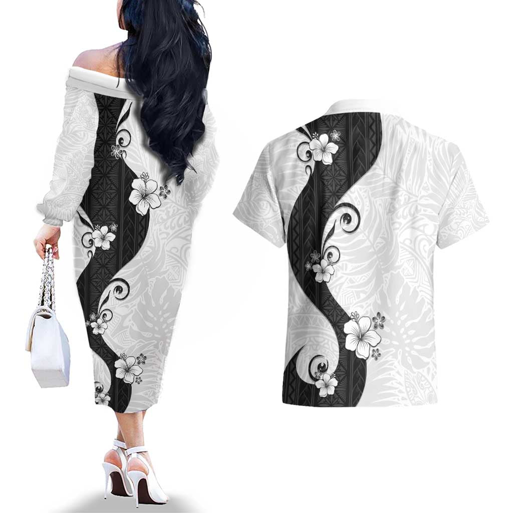 Polynesia Hibiscus Couples Matching Off The Shoulder Long Sleeve Dress and Hawaiian Shirt White Curve Motif - Polynesian Pride