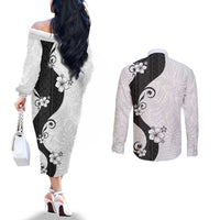 Polynesia Hibiscus Couples Matching Off The Shoulder Long Sleeve Dress and Long Sleeve Button Shirt White Curve Motif LT05 - Polynesian Pride