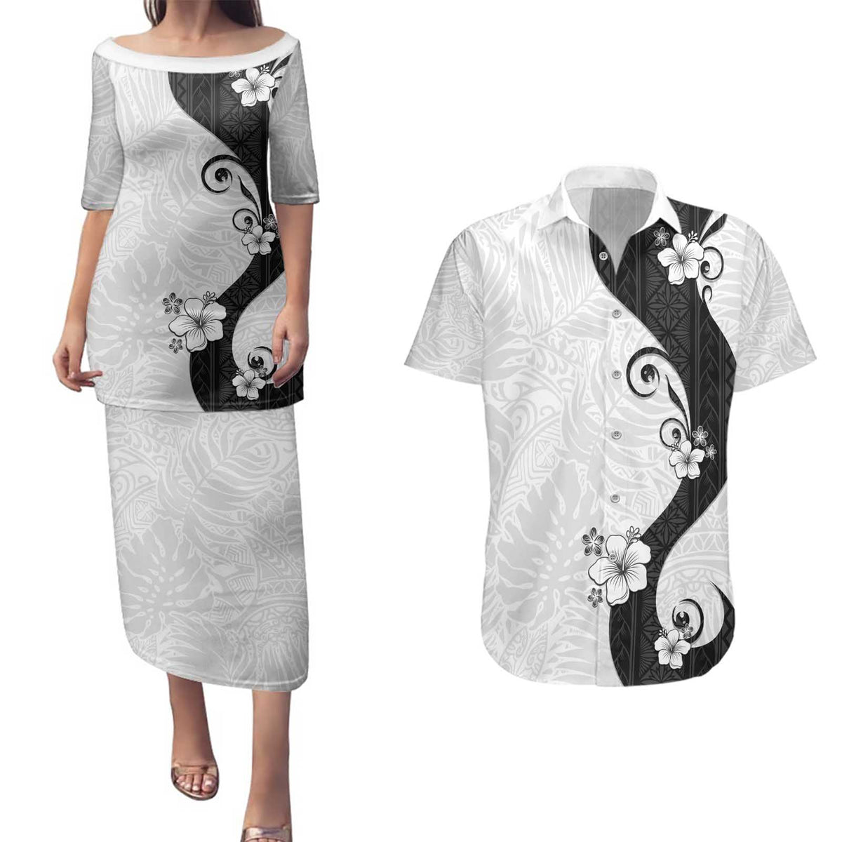 Polynesia Hibiscus Couples Matching Puletasi and Hawaiian Shirt White Curve Motif - Polynesian Pride